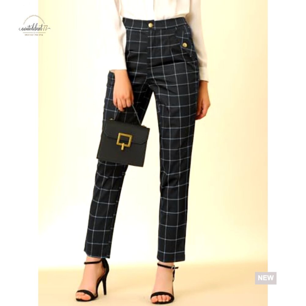 Vintage Tartan Plaid Pants Elastic Waist Straight Leg Trousers Casual Wear - Picture 3 of 6